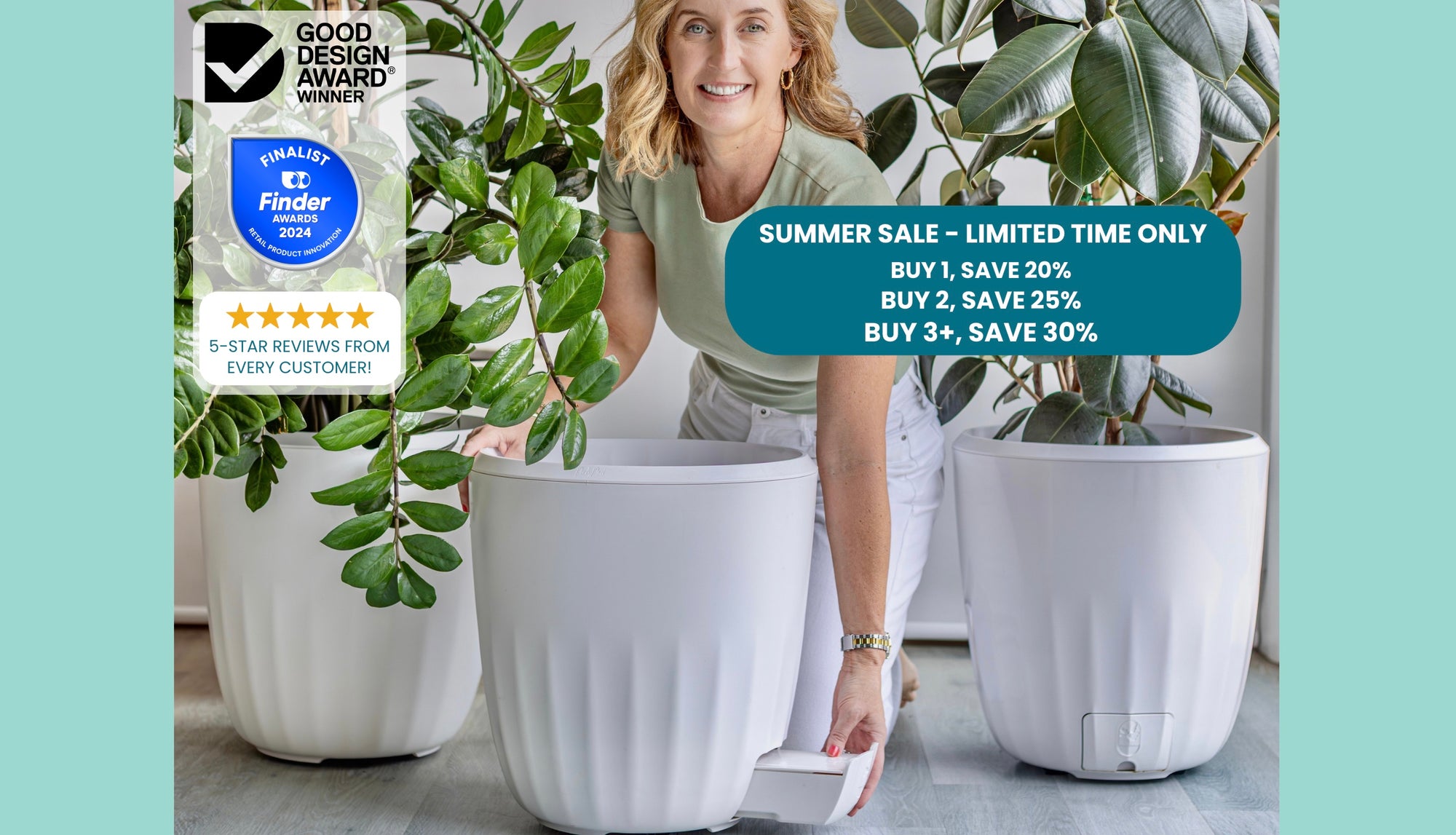 Woman holding the PerkyPod plant pot water drawer open and surrounded by lush plants with text overlay advertising a Summer Sale of up to 30% off