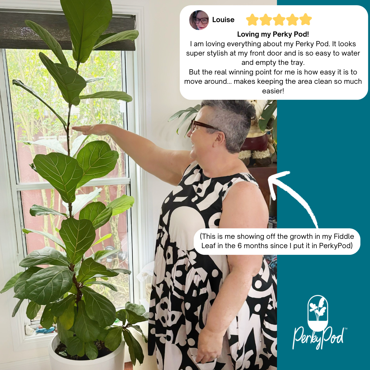 Person holding her hand beside a plant in a Perky Pod to show how much its grown in a few months. Text overlay features a five star review about the product's benefits, including easy watering and super stylish. Easy to move around too thanks to hidden wheels - makes cleaning the floor really easy.
