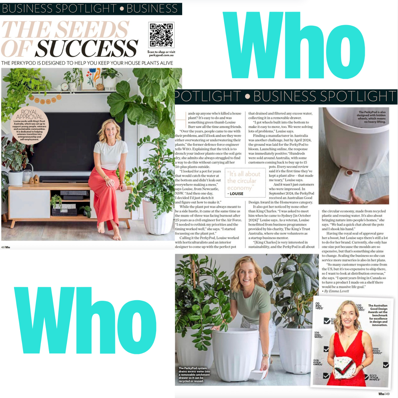Who Magazine Australia layout with Business Spotlight. In the images, a woman surrounded by plants and text about business success.