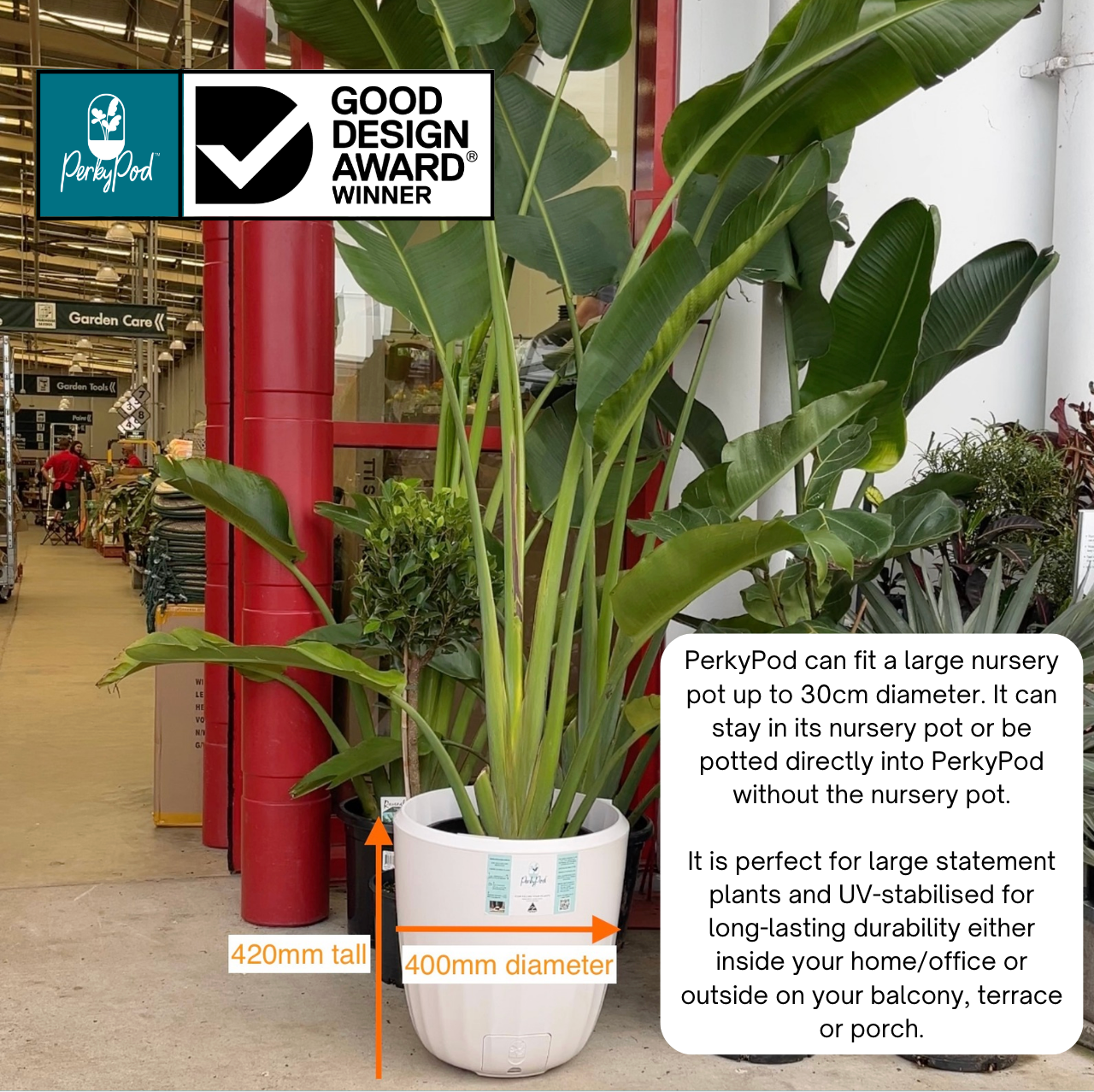 PerkyPod is in a garden nursery with a large palm inside it. Product dimensions are 420mm tall and 400mm diameter. A text box explains that a large nursery pot up to 300mm diameter can fit inside PerkyPod and it is UV-stablised so perfect for outdoors.