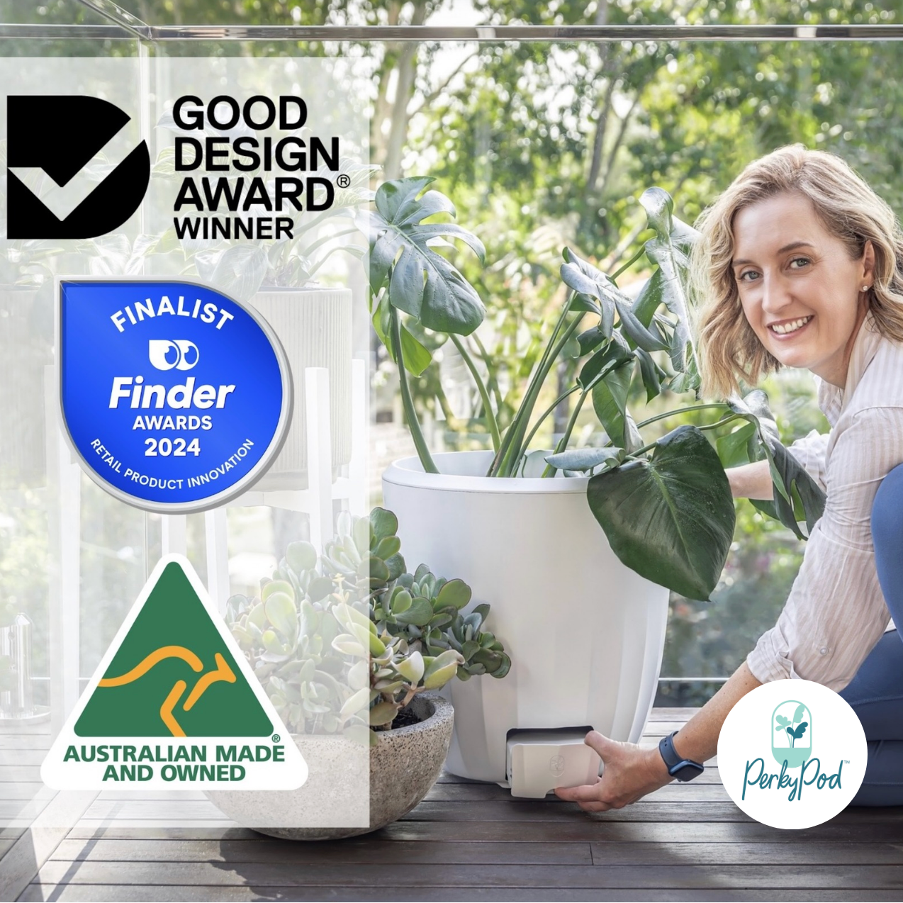Woman tending to a plant in a PerkyPod pot with Good Design Award and Finder Awards logos displayed.