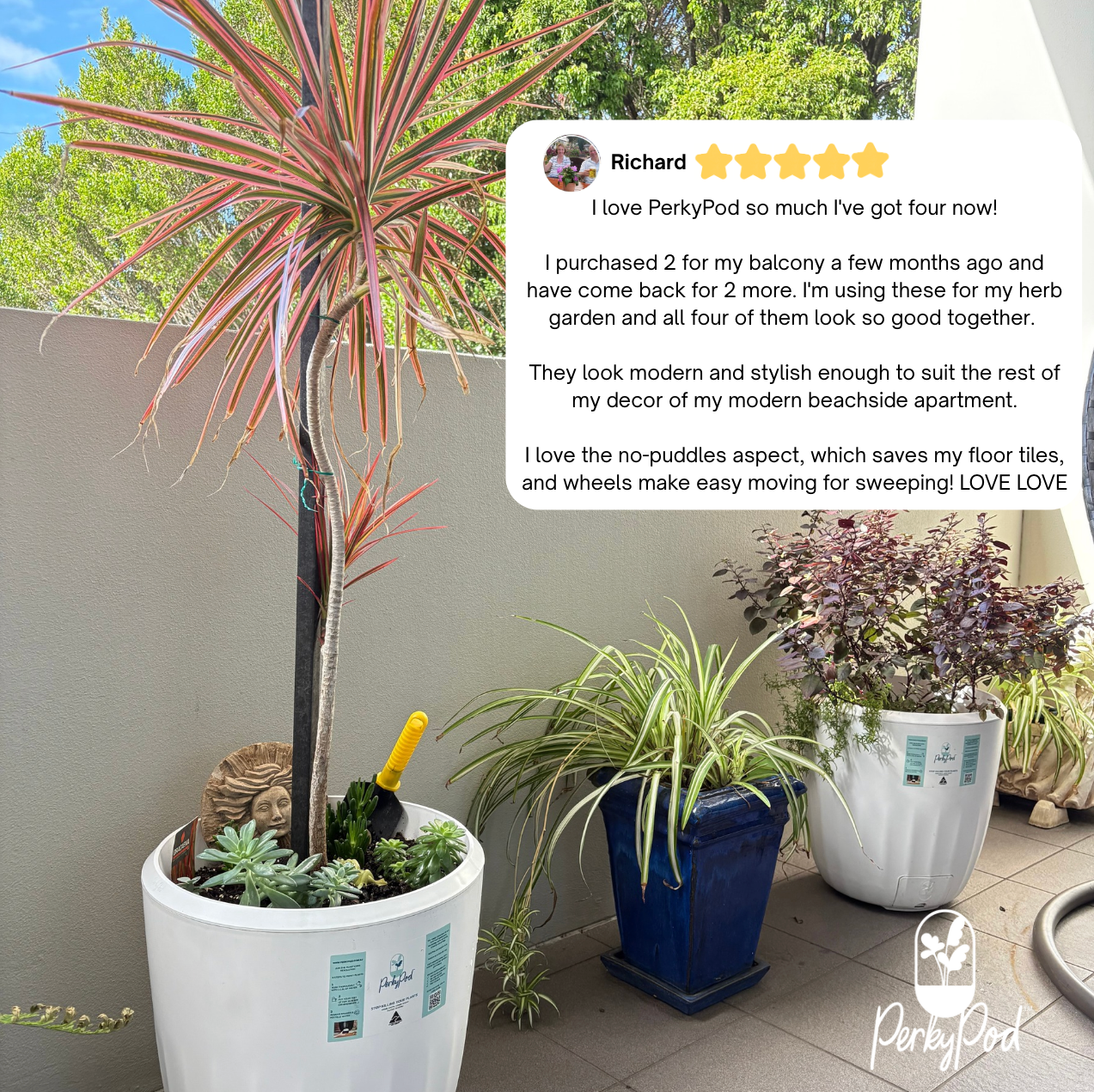 PerkyPod planters with plants on a patio, featuring a customer review. The five star feedback says they are great for herbs and suit modern beachside decor. They love no puddles and wheels make sweeping and cleaning very easy.