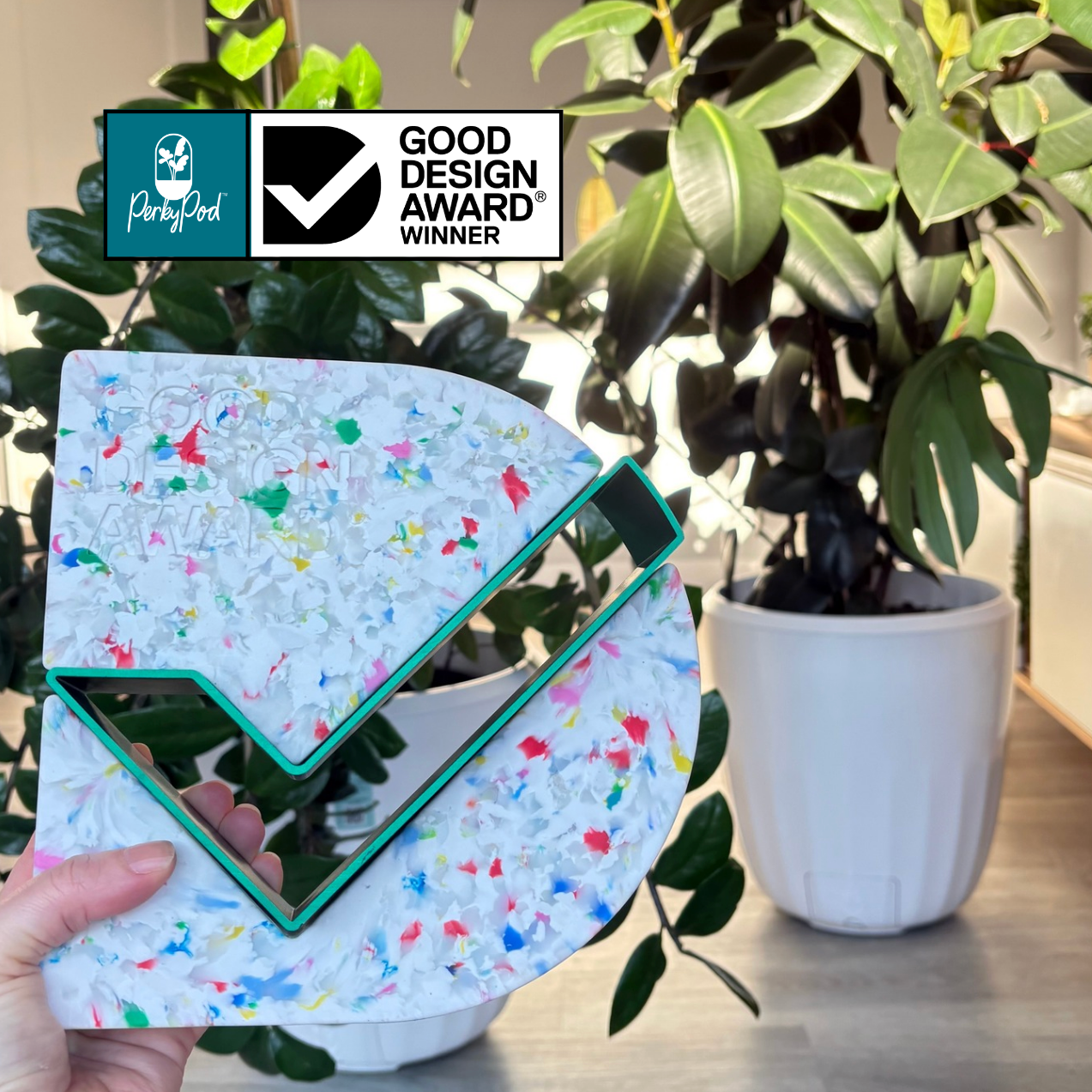 Colorful trophy with a green tick with a Good Design Award winner badge, held by a hand with lush plants in white plant pot PerkyPod in the background.