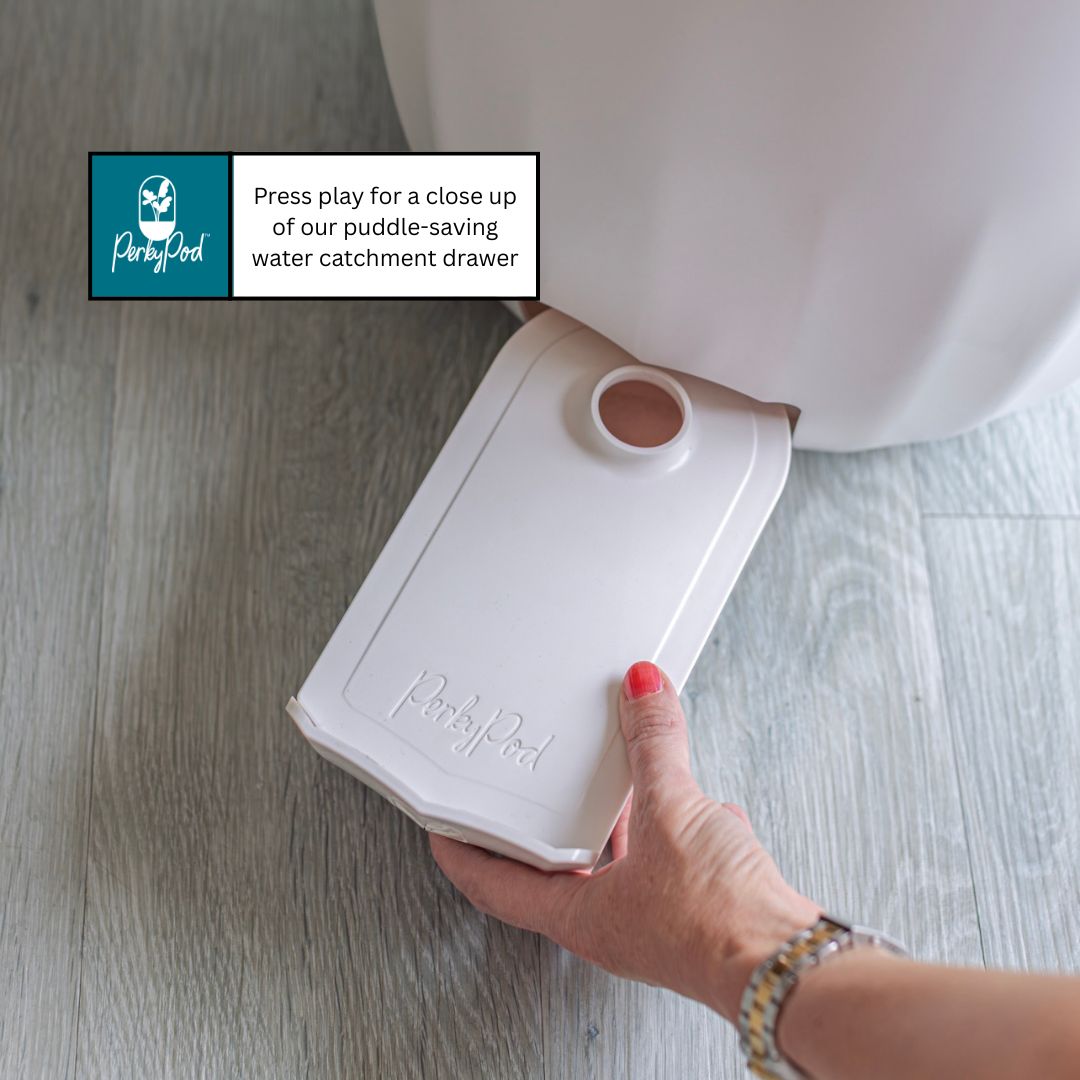 Video showing white PerkyPod plant pot water catchment drawer close up stylish design logo patent pending innovation